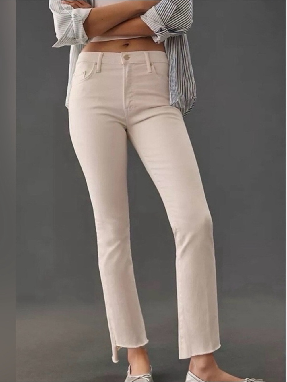 MOTHER Insider Crop Step Fray Cream Puff Ivory Denim Jeans Size 26